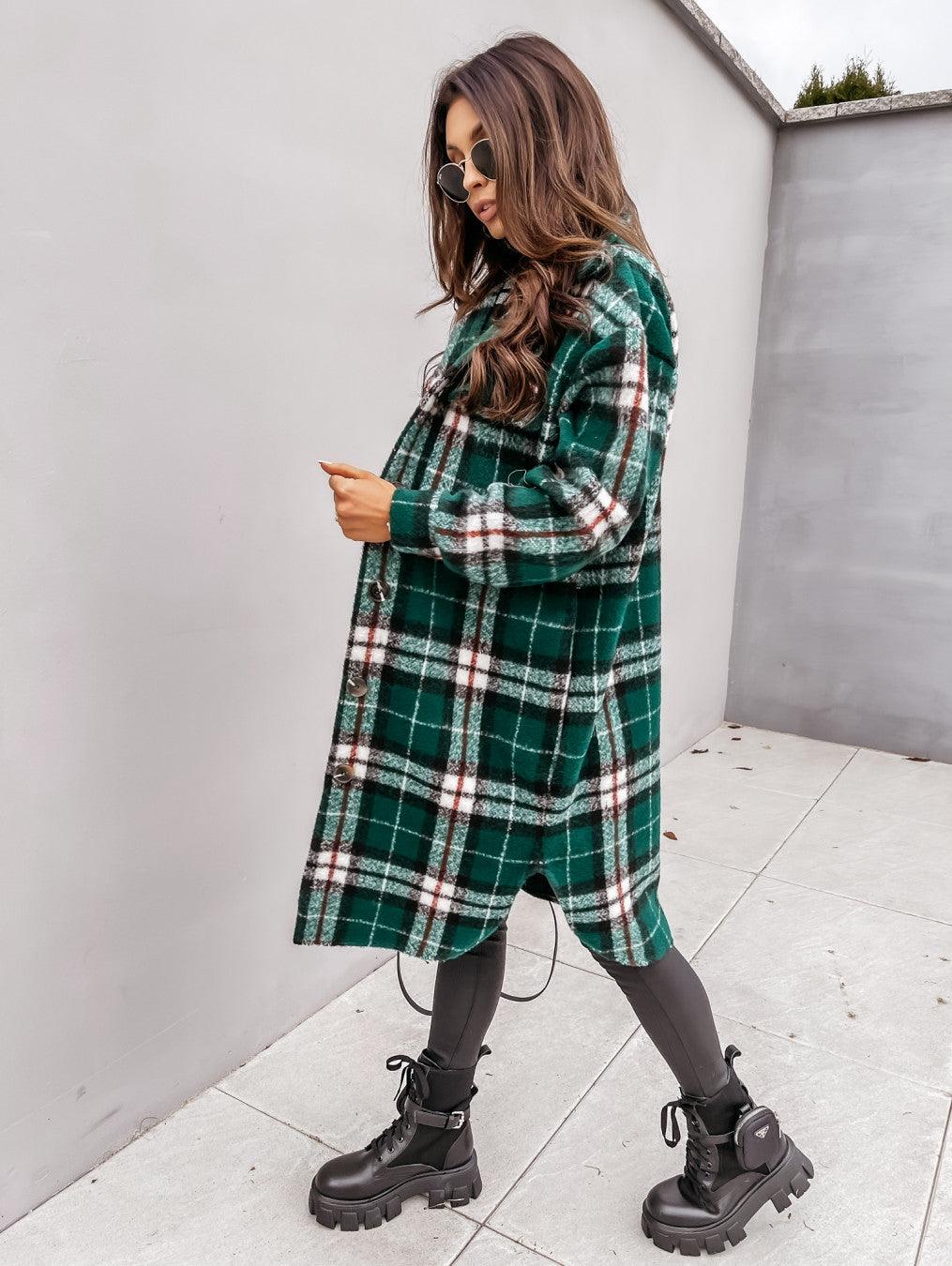 Button Lapel Casual Warm Plaid Long Woolen Coat - Almoni Express