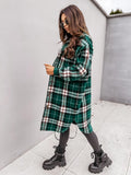 Button Lapel Casual Warm Plaid Long Woolen Coat - Almoni Express