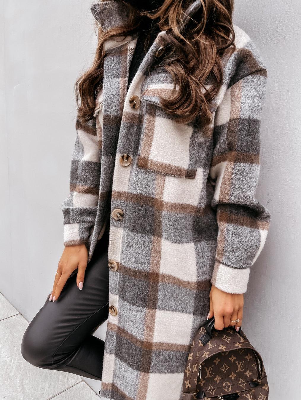 Button Lapel Casual Warm Plaid Long Woolen Coat - Almoni Express