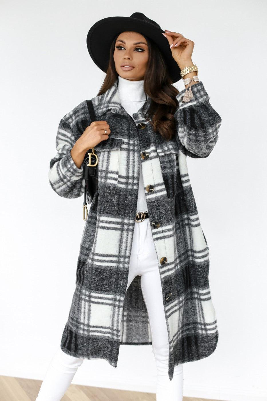 Button Lapel Casual Warm Plaid Long Woolen Coat - Almoni Express