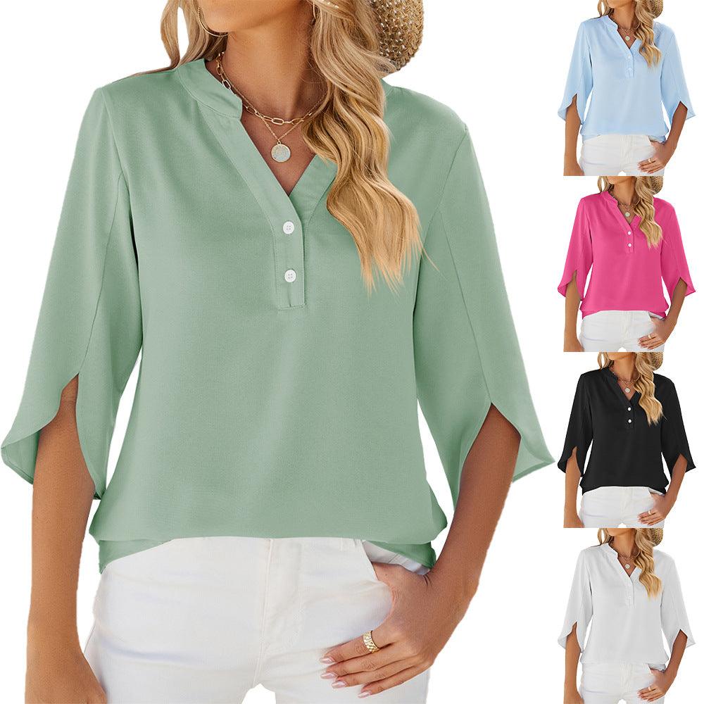 Button V-neck Mid-sleeve Chiffon Shirt Solid Color Top Womens Clothing - AL MONI EXPRESS