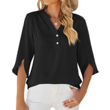 Button V-neck Mid-sleeve Chiffon Shirt Solid Color Top Womens Clothing - AL MONI EXPRESS