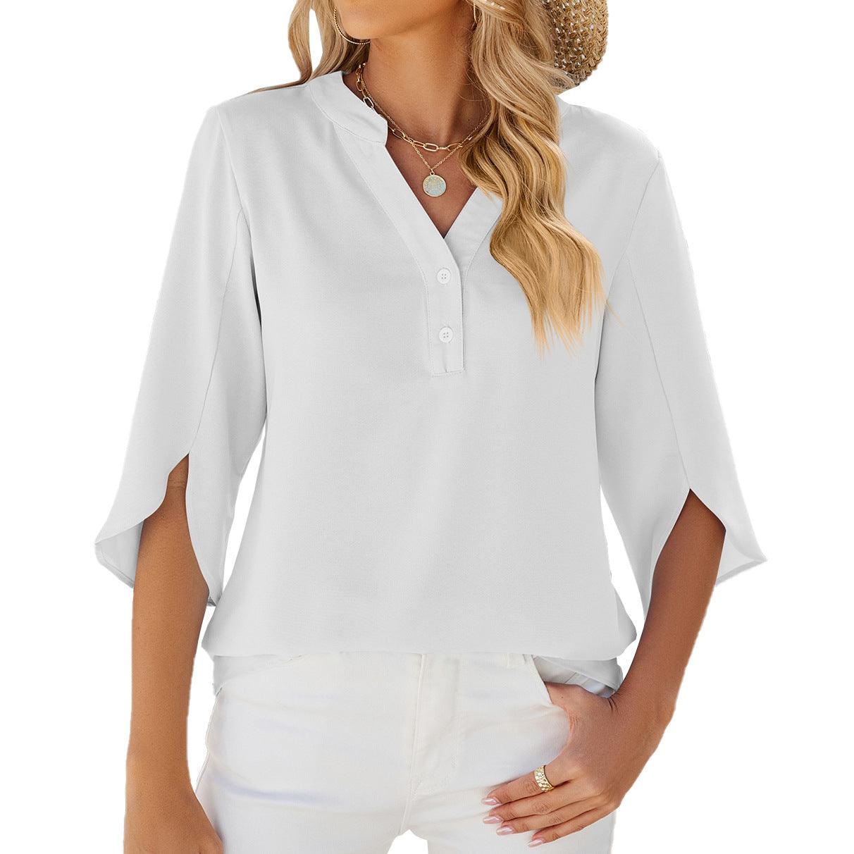 Button V-neck Mid-sleeve Chiffon Shirt Solid Color Top Womens Clothing - AL MONI EXPRESS