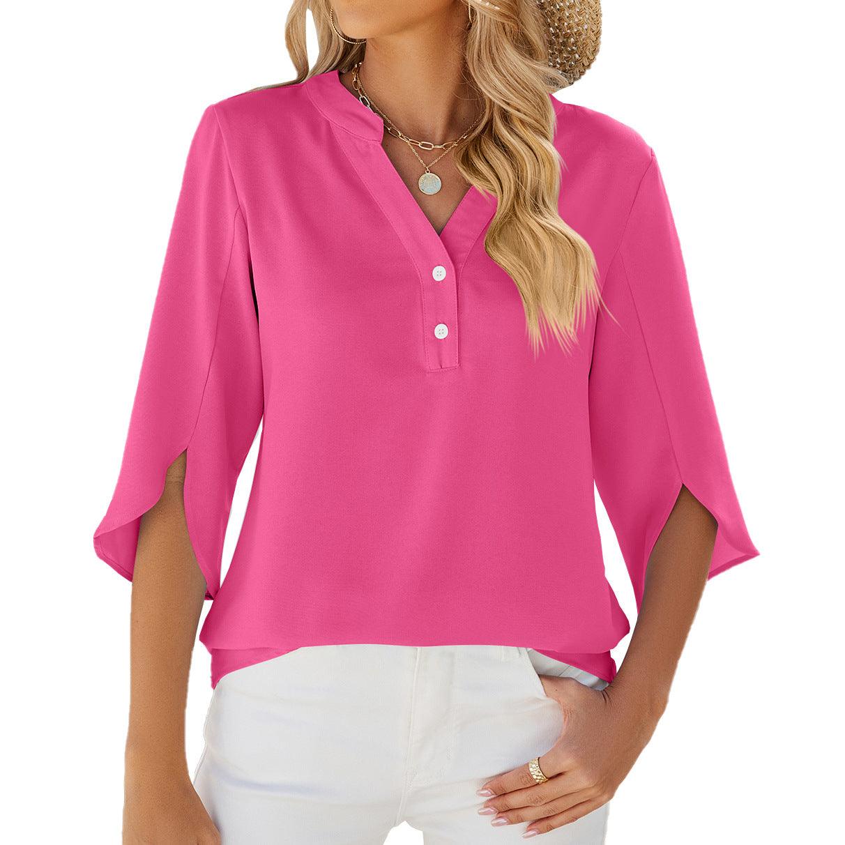 Button V-neck Mid-sleeve Chiffon Shirt Solid Color Top Womens Clothing - AL MONI EXPRESS