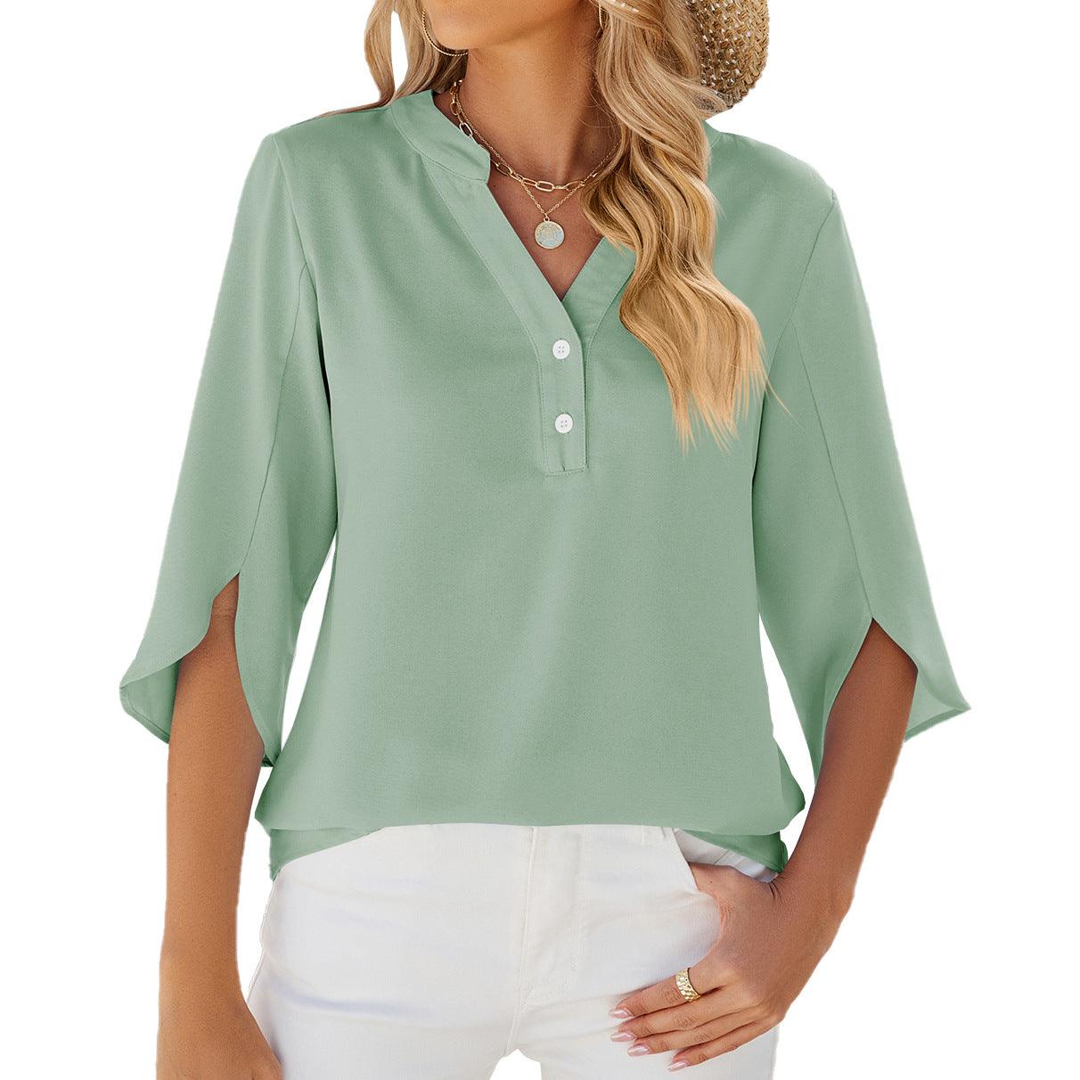 Button V-neck Mid-sleeve Chiffon Shirt Solid Color Top Womens Clothing - AL MONI EXPRESS