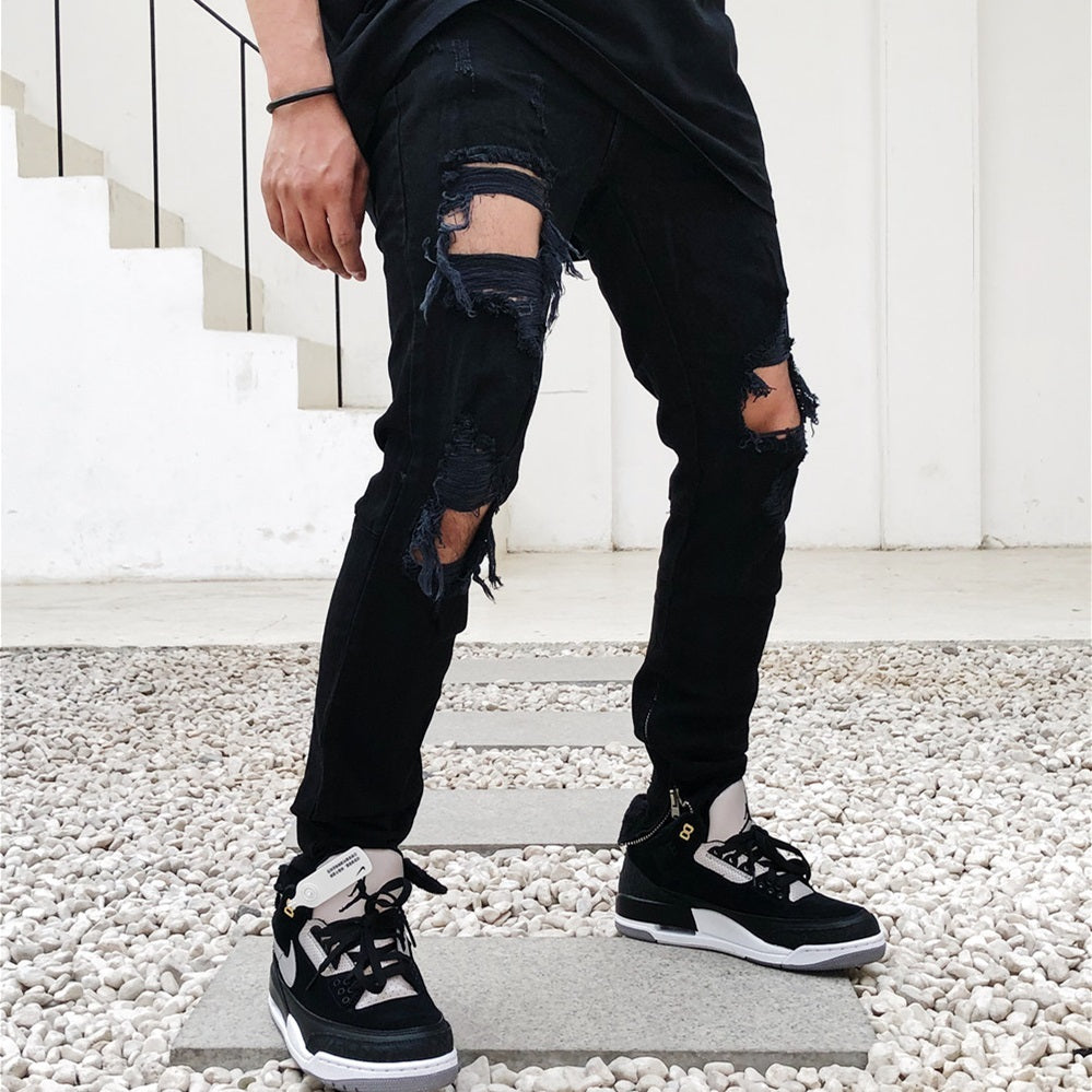 High Street Style Black Torn Jeans For Men