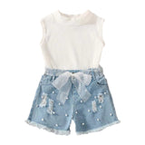 Sleeveless Pit Strip Childrens Suit Denim Shorts Twopiece Set