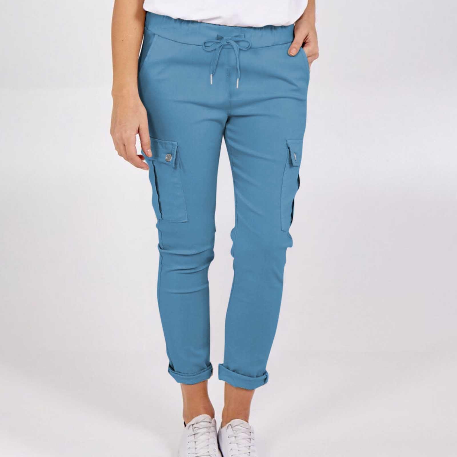 Casual Cargo Pants With Pockets Solid Color Drawstring Waist Pencil Trousers For Women - AL MONI EXPRESS