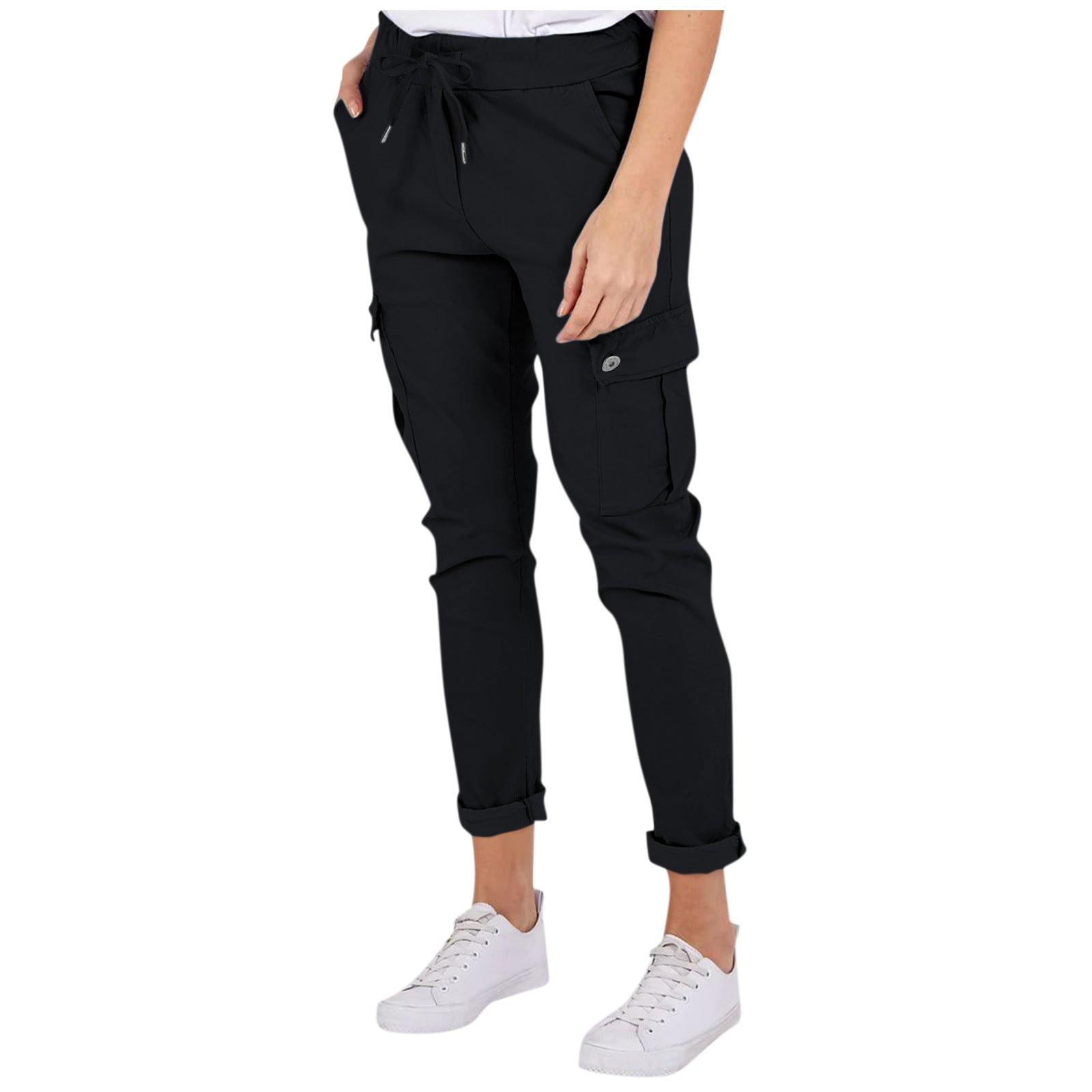 Casual Cargo Pants With Pockets Solid Color Drawstring Waist Pencil Trousers For Women - AL MONI EXPRESS