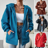 Casual Fashion Hooded Cardigan Jacket With Pockets Winter And Autumn Loose Sports Coat Women Solid Outwear Clothing - Almoni Express