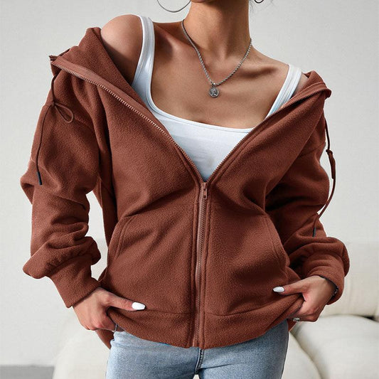 Casual Fashion Hooded Cardigan Jacket With Pockets Winter And Autumn Loose Sports Coat Women Solid Outwear Clothing - Almoni Express