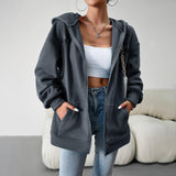 Casual Fashion Hooded Cardigan Jacket With Pockets Winter And Autumn Loose Sports Coat Women Solid Outwear Clothing - Almoni Express