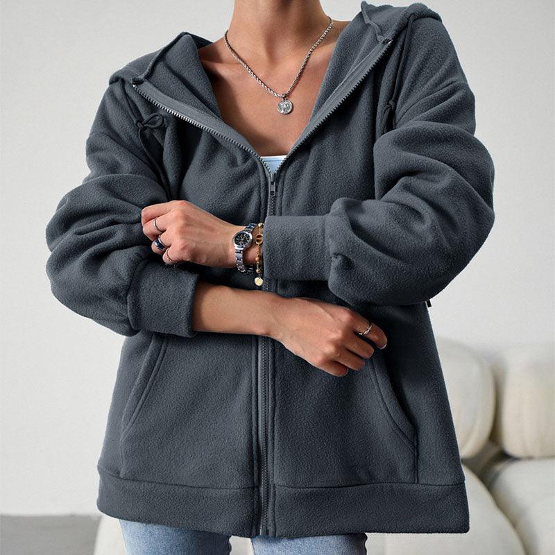 Casual Fashion Hooded Cardigan Jacket With Pockets Winter And Autumn Loose Sports Coat Women Solid Outwear Clothing - Almoni Express