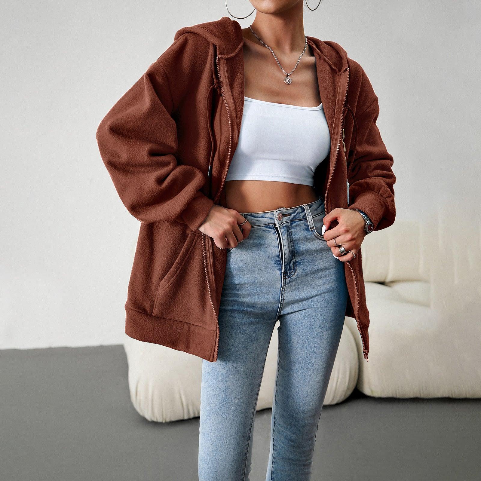 Casual Fashion Hooded Cardigan Jacket With Pockets Winter And Autumn Loose Sports Coat Women Solid Outwear Clothing - Almoni Express