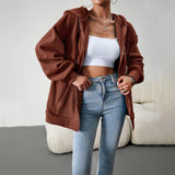 Casual Fashion Hooded Cardigan Jacket With Pockets Winter And Autumn Loose Sports Coat Women Solid Outwear Clothing - Almoni Express