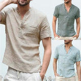 Casual Linen Solid Color Shirt Button V Neck Beach Shirt Men Summer Tops - AL MONI EXPRESS