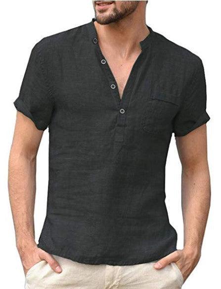 Casual Linen Solid Color Shirt Button V Neck Beach Shirt Men Summer Tops - AL MONI EXPRESS