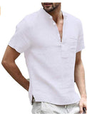 Casual Linen Solid Color Shirt Button V Neck Beach Shirt Men Summer Tops - AL MONI EXPRESS