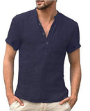 Casual Linen Solid Color Shirt Button V Neck Beach Shirt Men Summer Tops - AL MONI EXPRESS