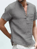 Casual Linen Solid Color Shirt Button V Neck Beach Shirt Men Summer Tops - AL MONI EXPRESS