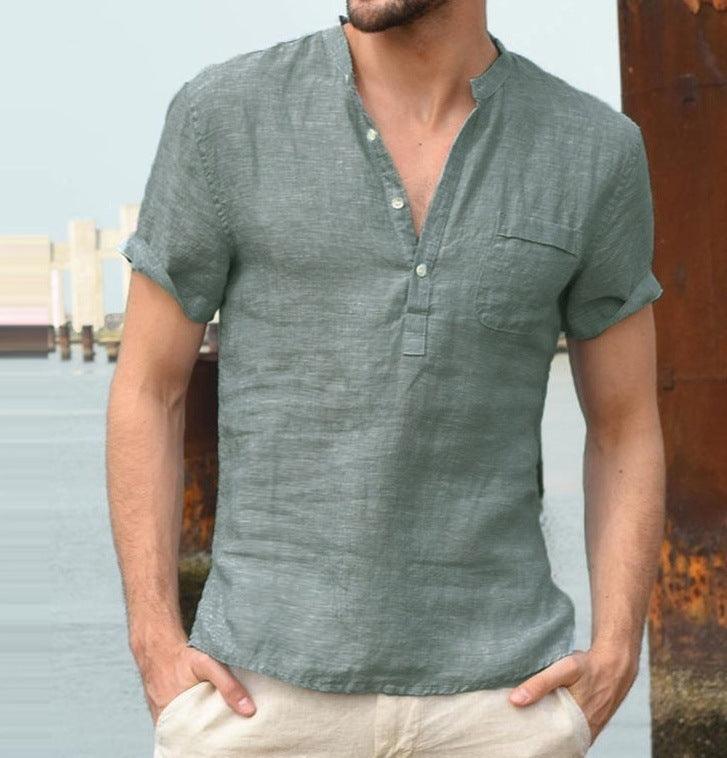 Casual Linen Solid Color Shirt Button V Neck Beach Shirt Men Summer Tops - AL MONI EXPRESS