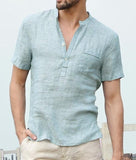 Casual Linen Solid Color Shirt Button V Neck Beach Shirt Men Summer Tops - AL MONI EXPRESS