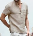 Casual Linen Solid Color Shirt Button V Neck Beach Shirt Men Summer Tops - AL MONI EXPRESS