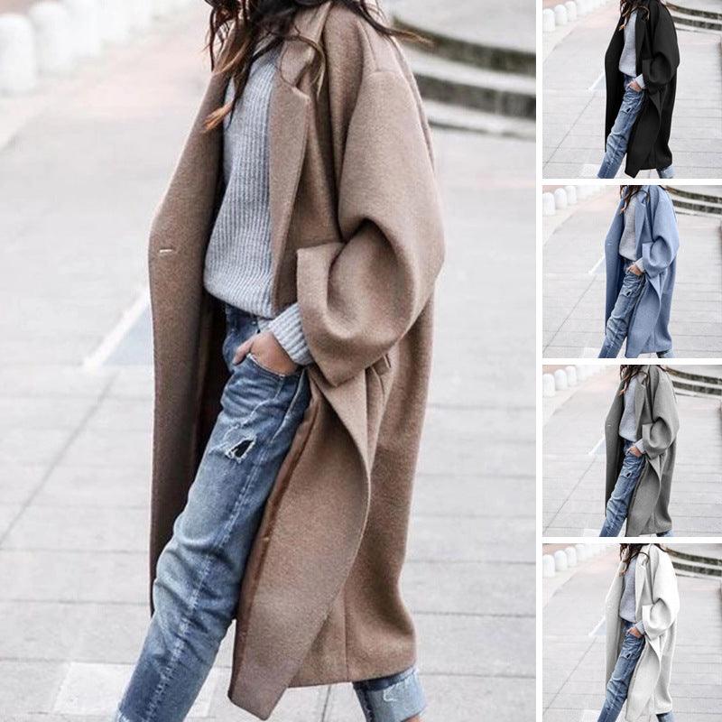 Casual Long Jacket With Pockets Solid Color Single Breasted Lapel Woolen Coat For Women Warm Winter Clothing - Almoni Express