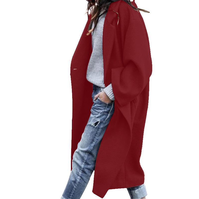 Casual Long Jacket With Pockets Solid Color Single Breasted Lapel Woolen Coat For Women Warm Winter Clothing - Almoni Express