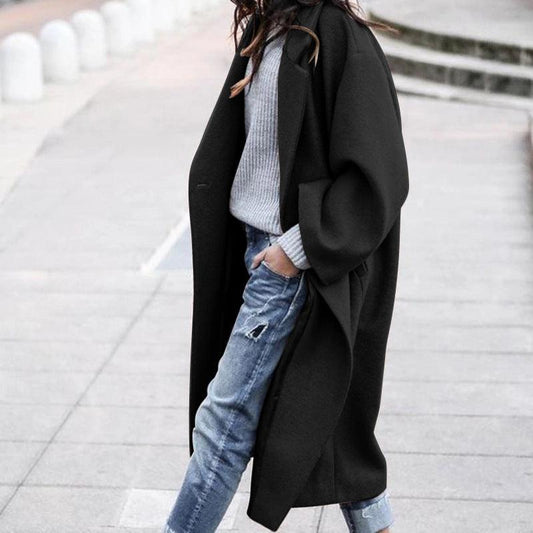 Casual Long Jacket With Pockets Solid Color Single Breasted Lapel Woolen Coat For Women Warm Winter Clothing - Almoni Express