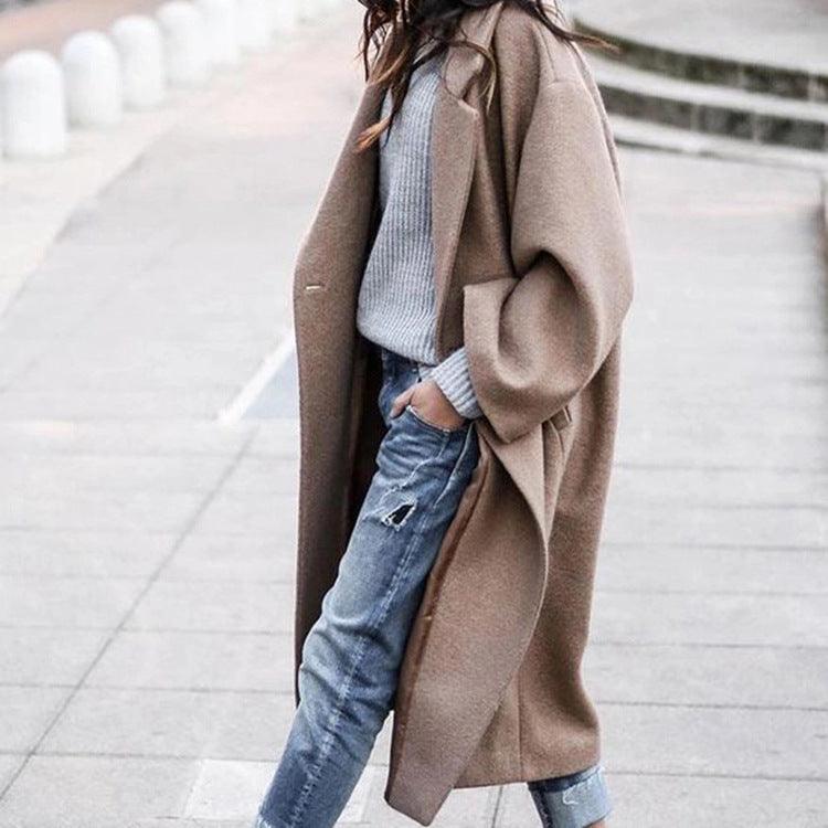 Casual Long Jacket With Pockets Solid Color Single Breasted Lapel Woolen Coat For Women Warm Winter Clothing - Almoni Express