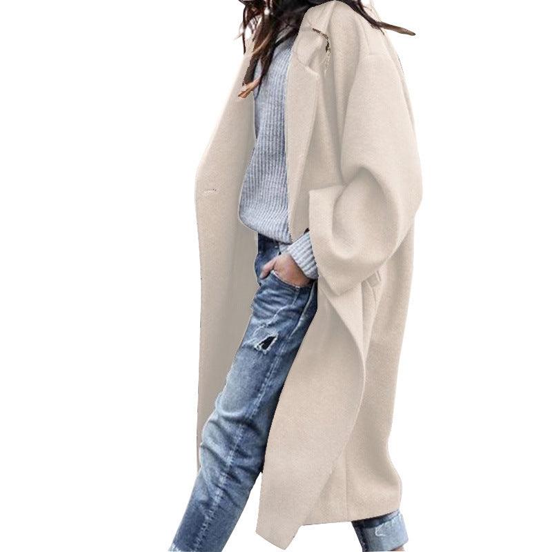 Casual Long Jacket With Pockets Solid Color Single Breasted Lapel Woolen Coat For Women Warm Winter Clothing - Almoni Express