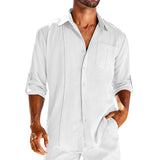 Casual Long Sleeve Shirt With Pocket Lace Polo Collar Solid Color Button Mens Clothing - AL MONI EXPRESS