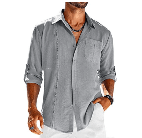 Casual Long Sleeve Shirt With Pocket Lace Polo Collar Solid Color Button Mens Clothing - AL MONI EXPRESS