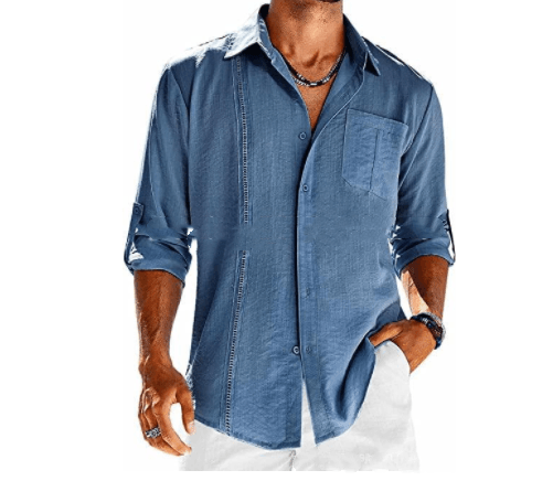 Casual Long Sleeve Shirt With Pocket Lace Polo Collar Solid Color Button Mens Clothing - AL MONI EXPRESS