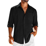 Casual Long Sleeve Shirt With Pocket Lace Polo Collar Solid Color Button Mens Clothing - AL MONI EXPRESS