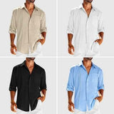 Casual Long Sleeve Shirt With Pocket Lace Polo Collar Solid Color Button Mens Clothing - AL MONI EXPRESS