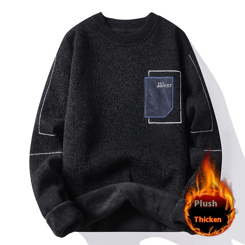 Men's Sweater Round Neck Long Sleeve Sweater Loose Splicing Knitwear Bottoming Top