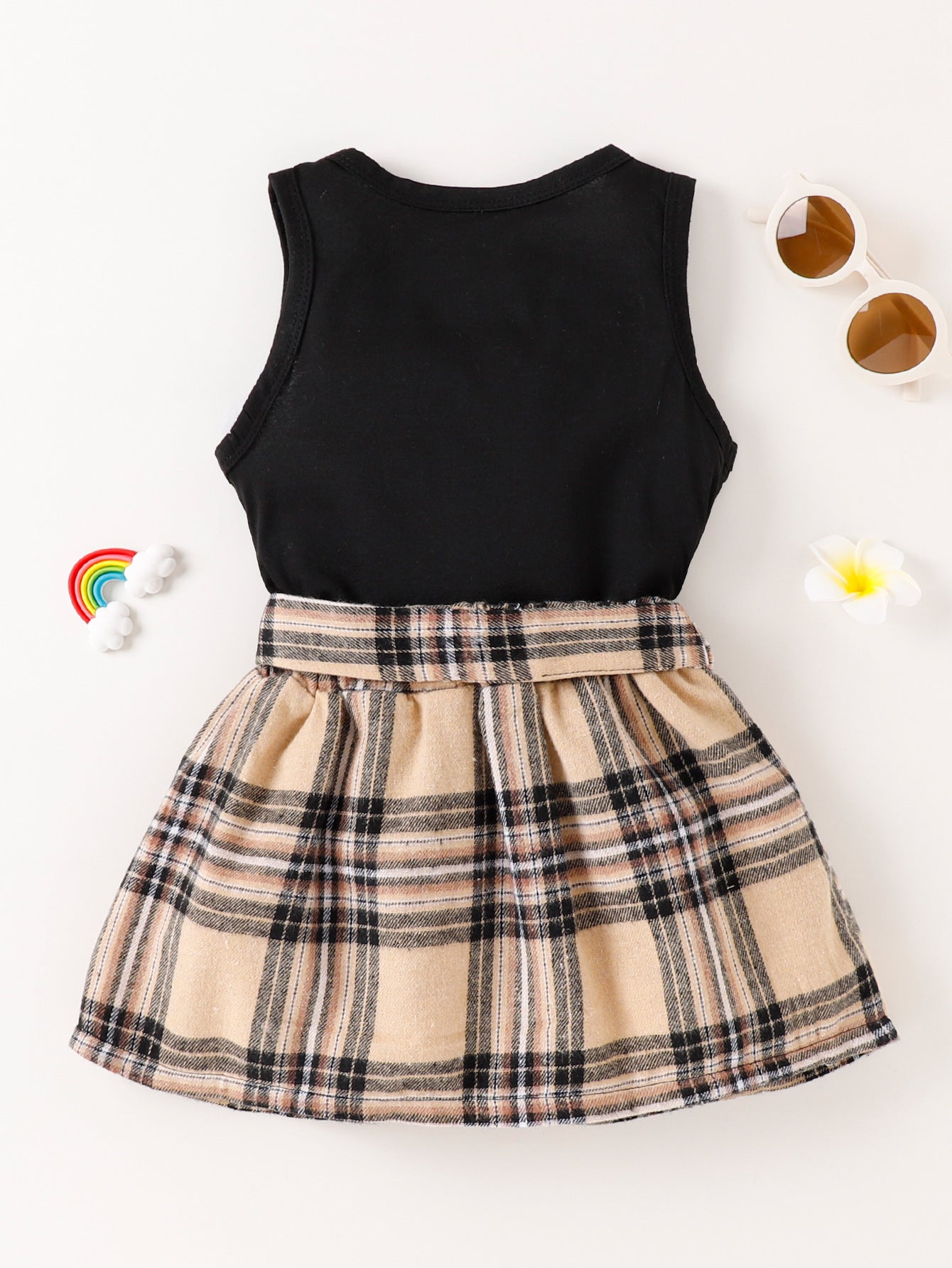 Solid Color Tank Top Plaid Skirt Girls Suit