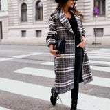 Checked Mid-length Coat Lapel Tie Woolen Coat - Almoni Express