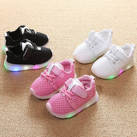 Children 1-3-6 years old baby toddler shoes light soft bottom shoes LED with light and breathable baby shoes net shoes - Almoni Express