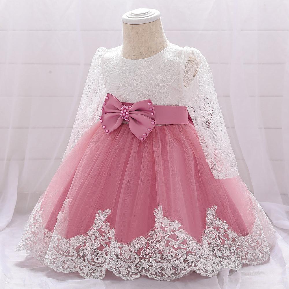 Children's Dress One Year Old Girl Lace Long Sleeve Puffy Baby Shower - Almoni Express