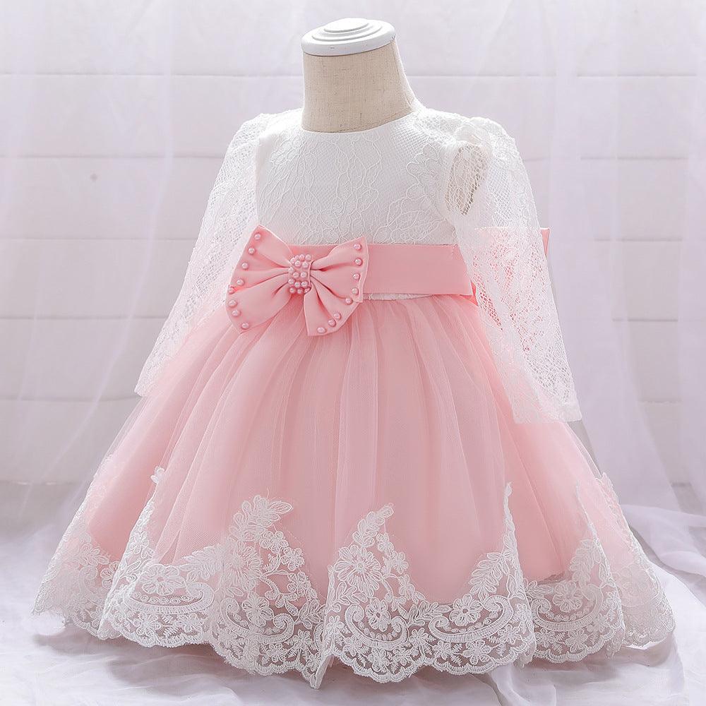 Children's Dress One Year Old Girl Lace Long Sleeve Puffy Baby Shower - Almoni Express