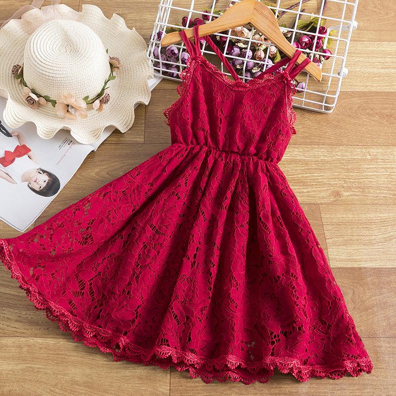 Children's Embroidered Skirt Lace Dress With Suspenders And Beautiful Back - Almoni Express