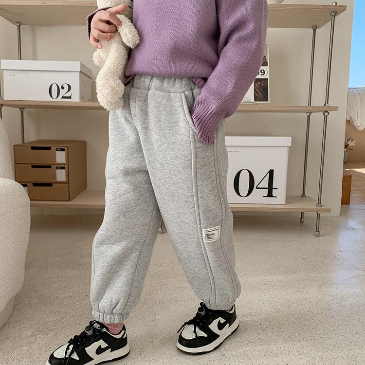 Children's Label Stitching Plus Velvet Sweatpants - Almoni Express