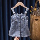 Children\'s Summer Denim Strap Skirt Baby Fashion Short Sleeve Two Piece Set - Almoni Express