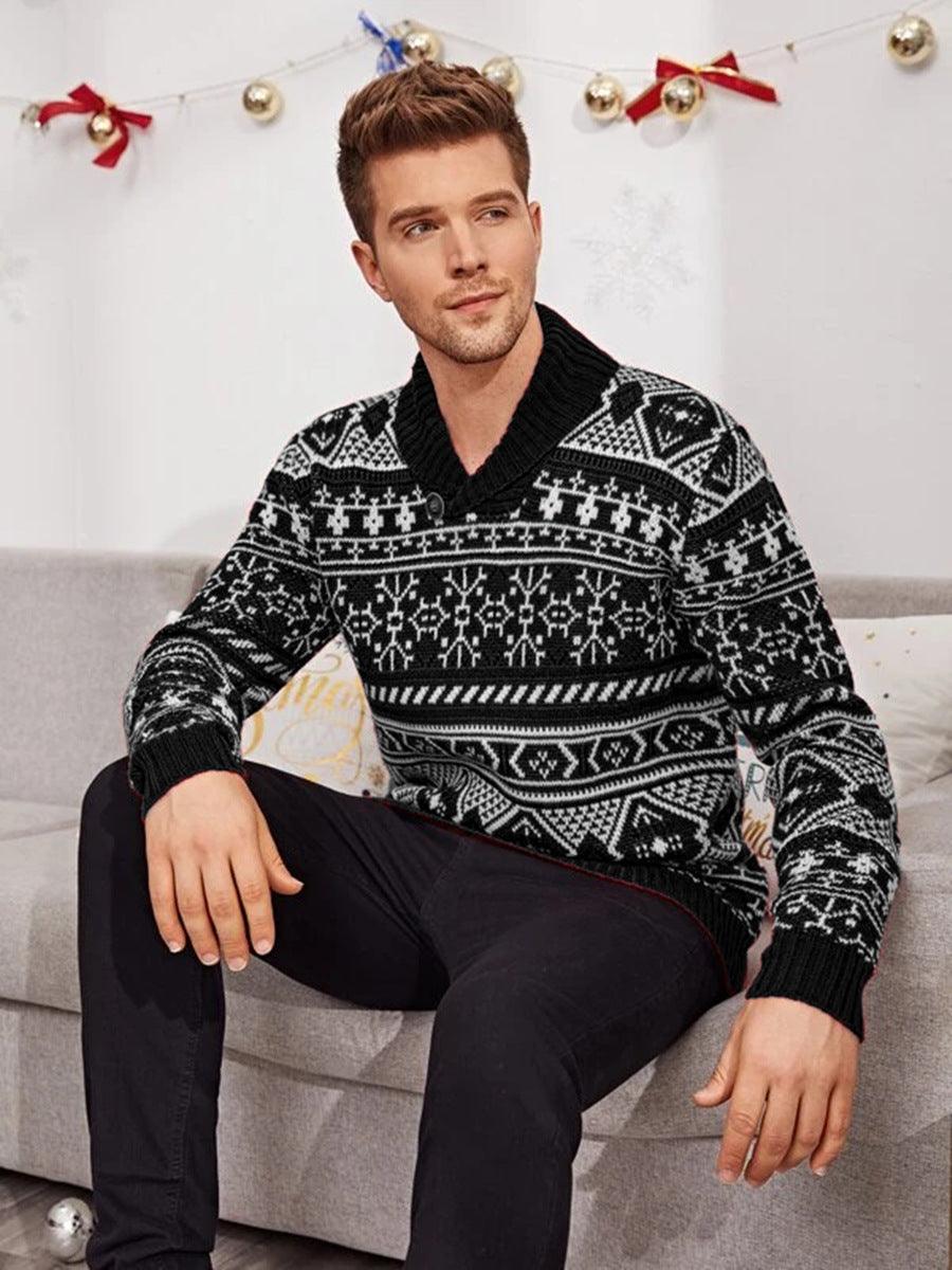 Christmas Elk Lapel Knitted Sweater Men - Almoni Express