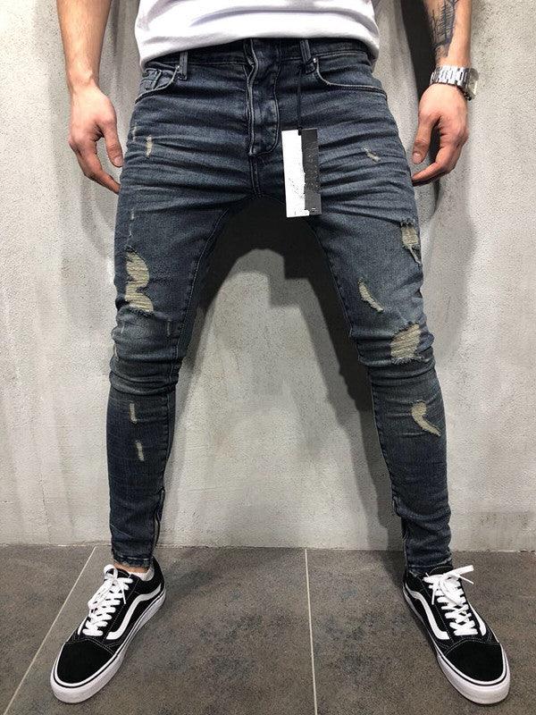 Customized models Europe and the United States high street tide men's hole jeans stretch large size pants slim pants Biker jeans - AL MONI EXPRESS