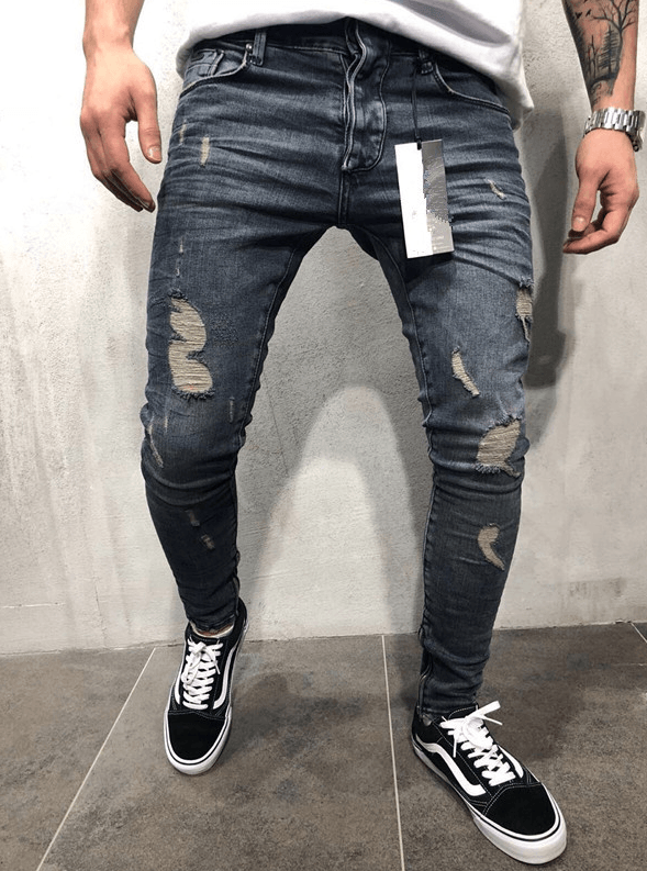 Customized models Europe and the United States high street tide men's hole jeans stretch large size pants slim pants Biker jeans - AL MONI EXPRESS