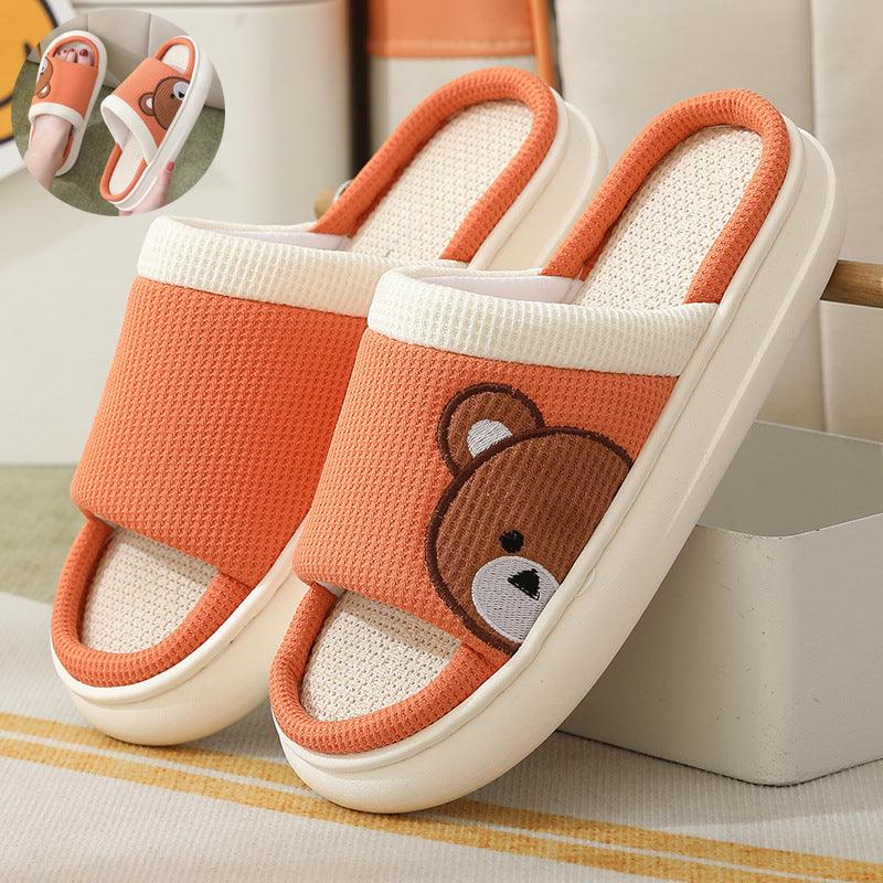 Cute Cartoon Bear Linen Slippers For Women Indoor Non-slip Sweat-absorbent Breathable Slip On Floor Bedroom Slipper House Shoes - AL MONI EXPRESS